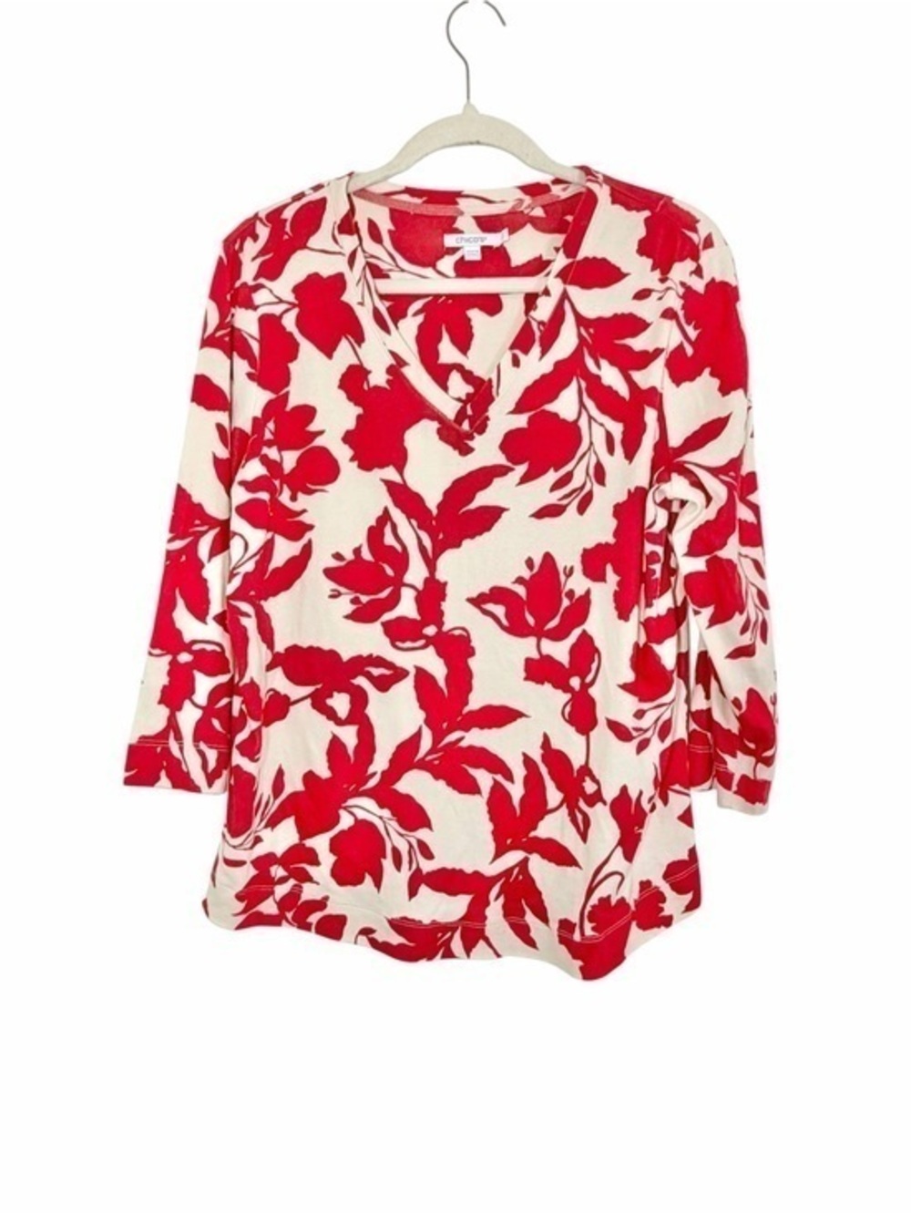 Chico's Red and White Floral V-Neck Top Pima Cotton Size Large 2